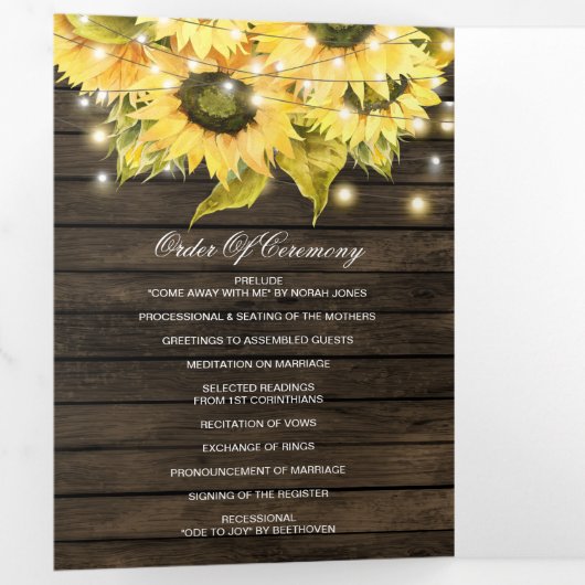 Barn wood String Lights Sunfowers Photo Wedding Drieluik Programma (Binnenzijde eerst)