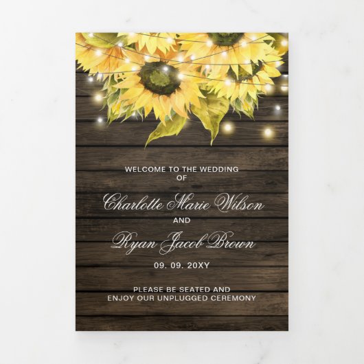 Barn wood String Lights Sunfowers Photo Wedding Drieluik Programma (Cover)