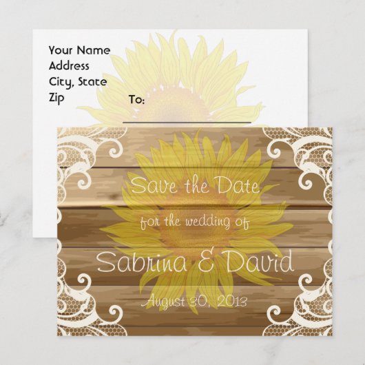 Barn Wood Sunflower en  Lace Save the Data Aankondigingskaart (Voorkant / Achterkant)