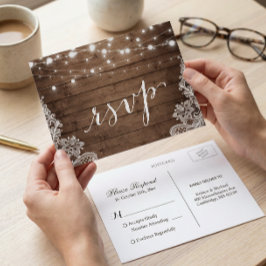 Barn Wood Twinkle Lights Lace Rustic Wedding RSVP Uitnodiging Briefkaart