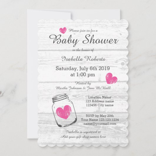 Barne bois rustique mason jarre bébé invitations d (Devant)