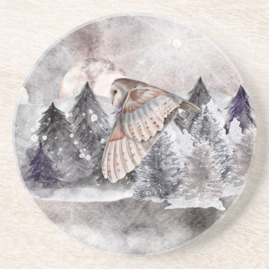 Barne Owl Moon Aquarelle Forêt Dessous de verre de (Devant)