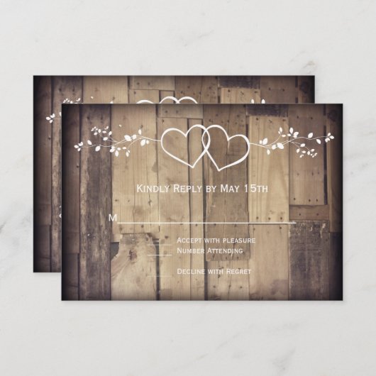 Barne Rustique Bois Double Coeurs Mariage Cartes R (Devant / Derrière)