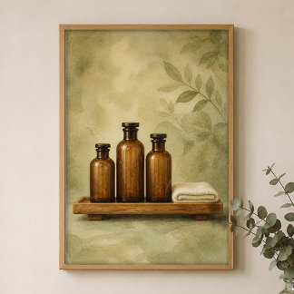 Barnsteenkleurige Flessen op Teakhouten Waterverf Poster