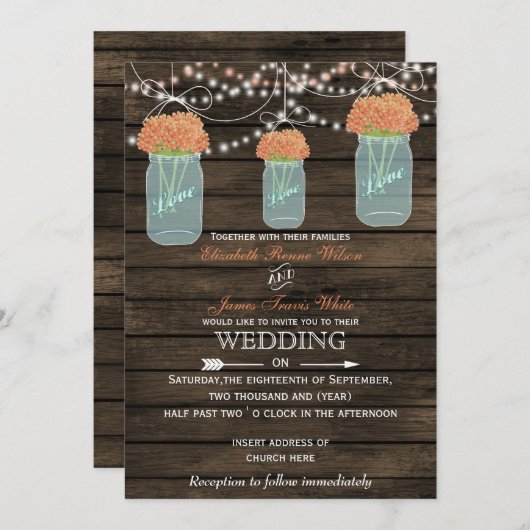Barnwood, corail mason invitations mariage jarre (Devant / Derrière)