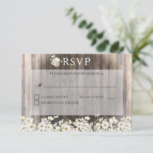 Barnwood en Daisies Bruiloft RSVP Kaartje (Staand voorkant)