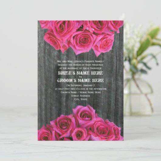 Barnwood en Hot Pink Rozen Weddenschap Kaart (Staand voorkant)