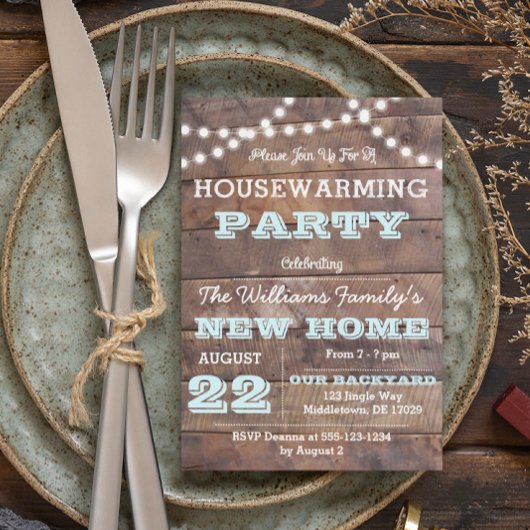 Barnwood Lights Aqua Houseéchauffement Invitations
