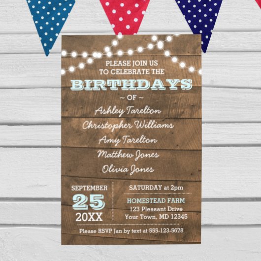Barnwood Lights Aqua Multiple Birthdays Invitation