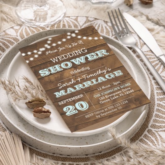 Barnwood Lights Aqua Wedding Party Sm Invitation