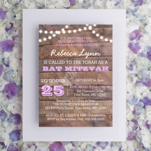 Barnwood Lights Lilac Bat mitzvah Invitation