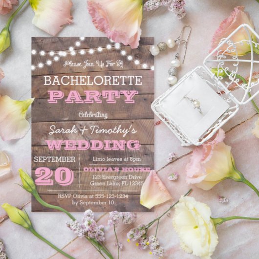 Barnwood Lights Pink Bachelorette Uitnodiging