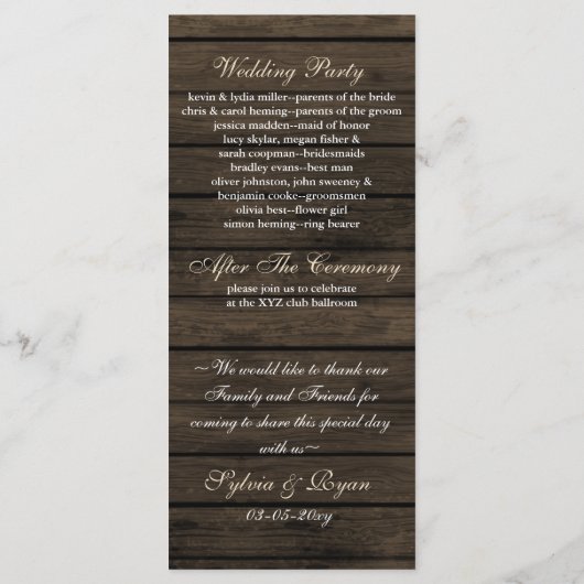 Barnwood Pins rustique, programme de mariage d'hiv (Dos)