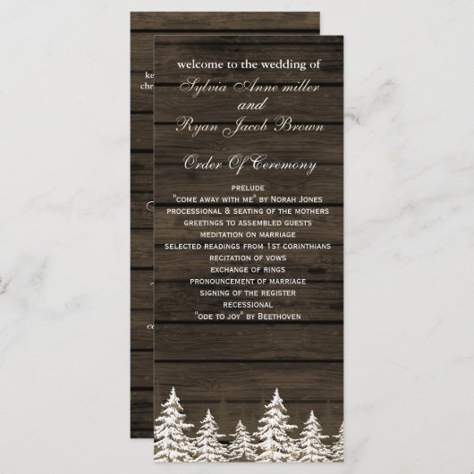 Barnwood Pins rustique, programme de mariage d'hiv (Devant / Derrière)