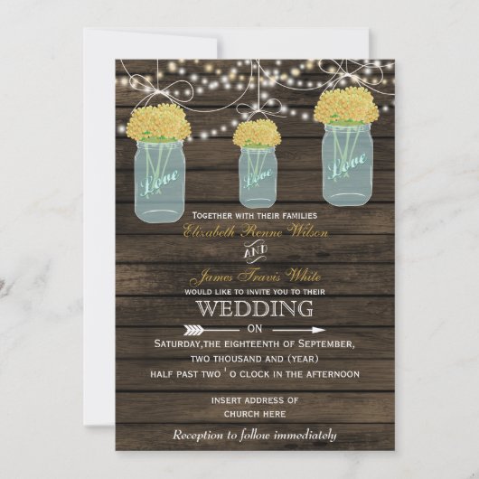 Barnwood, pot de mason jaune invitations de mariag (Devant)