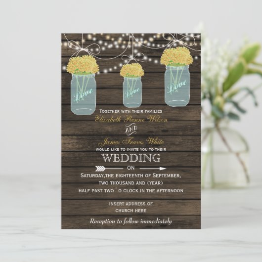 Barnwood, pot de mason jaune invitations de mariag (Debout devant)