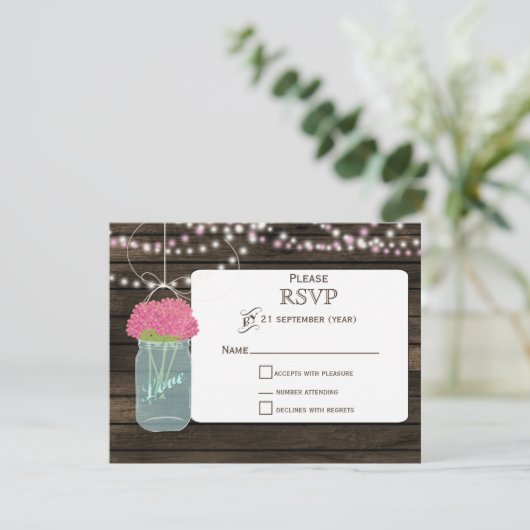 Barnwood roze bloemen metselaar potten bruiloft RS RSVP Kaartje (Staand voorkant)