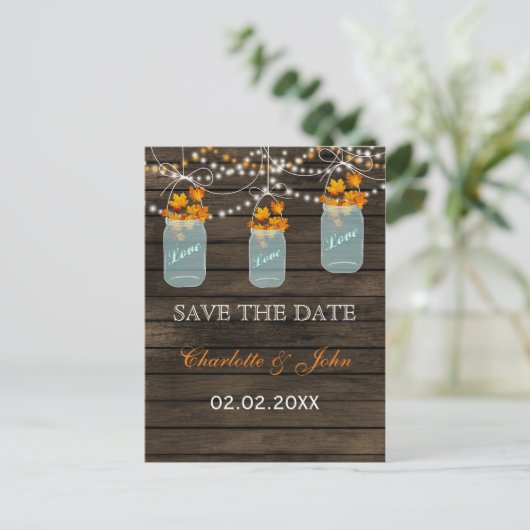 Barnwood Rustic herfst laat metselaar potten opsla Aankondigingskaart (Staand voorkant)