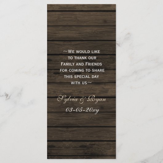 Barnwood Rustic Pine bomen, trouwmenkkaarten Menu (Achterkant)