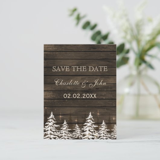 Barnwood Rustic Pine bomen, winter sparen de datum Aankondigingskaart (Staand voorkant)