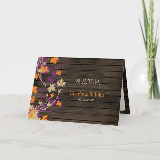 Barnwood Rustic plum fall leaves bruiloft RSVP (Voorkant)