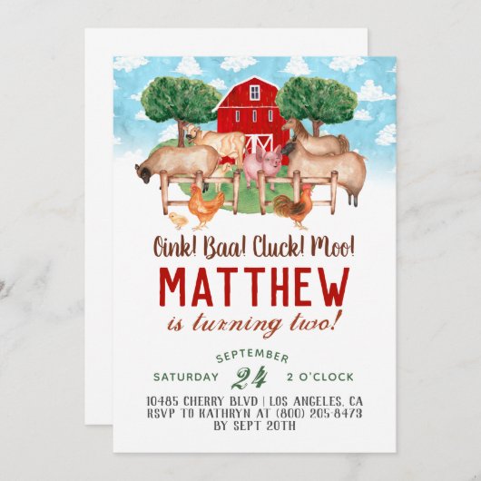 Barnyard Animal Farm Invitation Anniversaire (Devant / Derrière)