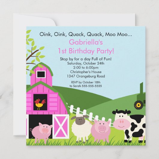 Barnyard Animal Fun Birthday Party Pink Girls Kaart (Voorkant)