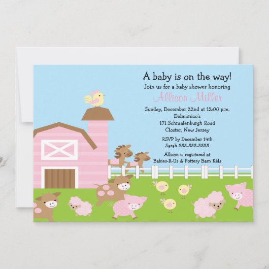 Barnyard Animals Baby Girl Shower Invitation (Devant)