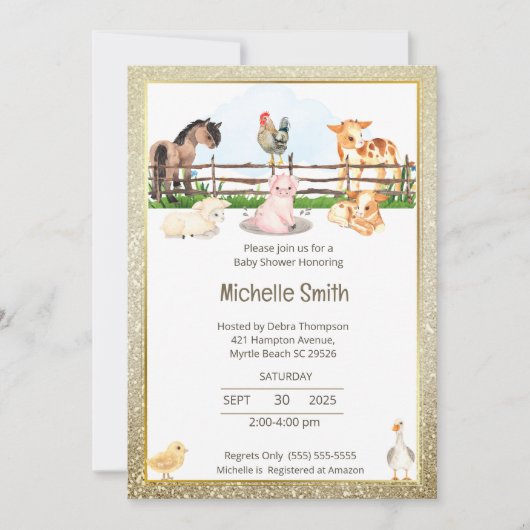 Barnyard Animals Gold Glitter Baby shower Kaart (Voorkant)