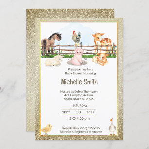 Barnyard Animals Gold Glitter Baby shower Kaart