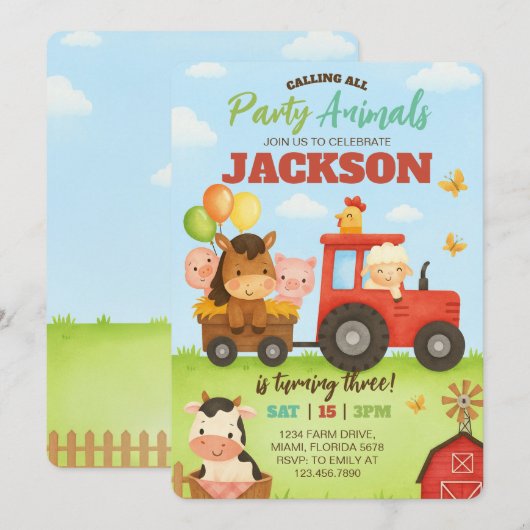Barnyard Animals Ranch Kids Birthday Kaart (Voorkant / Achterkant)