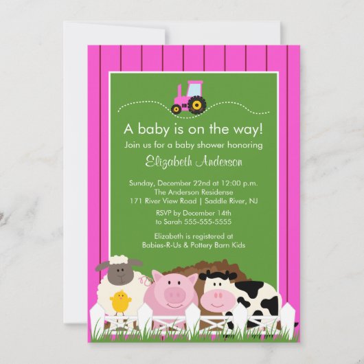 Barnyard Animaux Baby shower Invitation Filles ros (Devant)