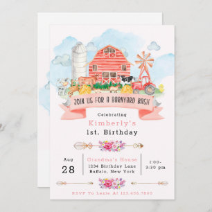 Barnyard Bash Farm Animals 1st. Birthday Party Inv Kaart