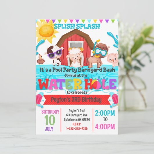Barnyard Bash Pool Party Uitnodiging voor verjaard (Staand voorkant)