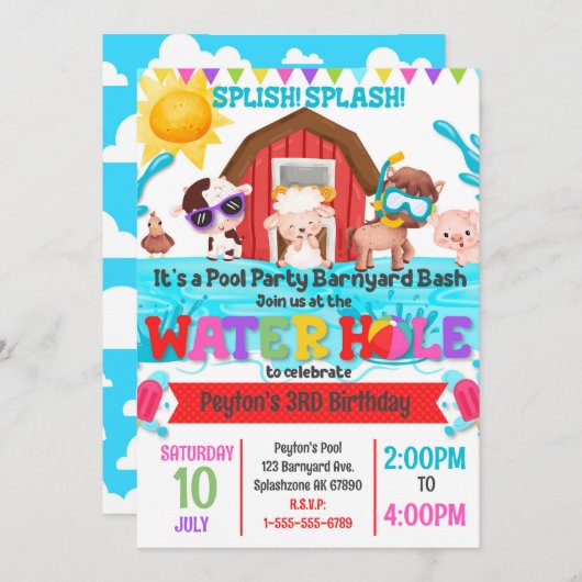 Barnyard Bash Pool Party Uitnodiging voor verjaard (Voorkant / Achterkant)