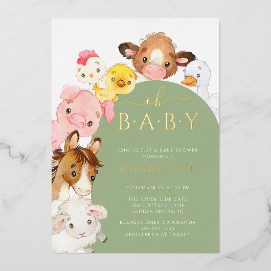 Barnyard Buddies Baby shower Folie Uitnodiging (Voorkant)