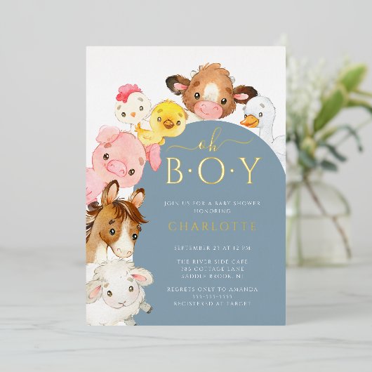 Barnyard Buddies Baby shower Folie Uitnodiging (Staand Voorkant)