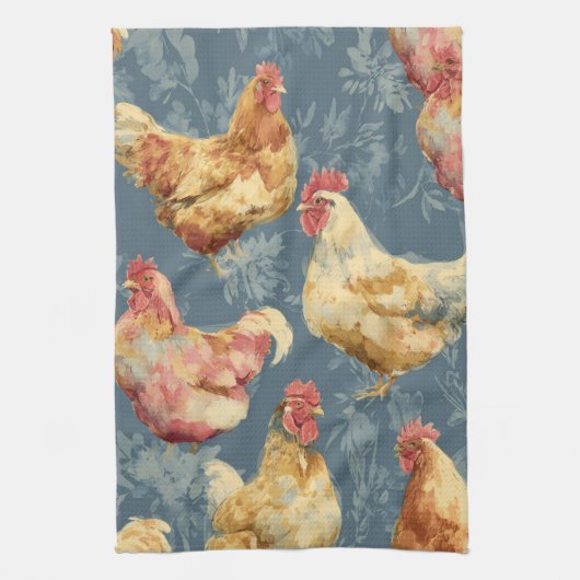 Barnyard Chickens and Botanical Pattern Design Theedoek (Verticaal)