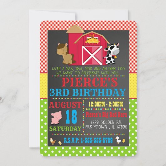 Barnyard Farm Animal Anniversaire Fête Invitation (Devant)