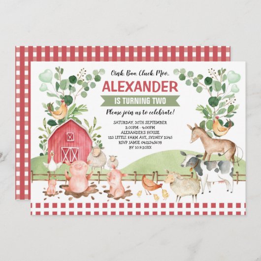 Barnyard Farm Animals Greenery Verjaardagsfeest Kaart (Voorkant / Achterkant)