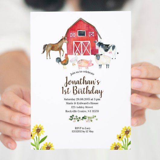 Barnyard Farm Animaux 1er anniversaire Invitation