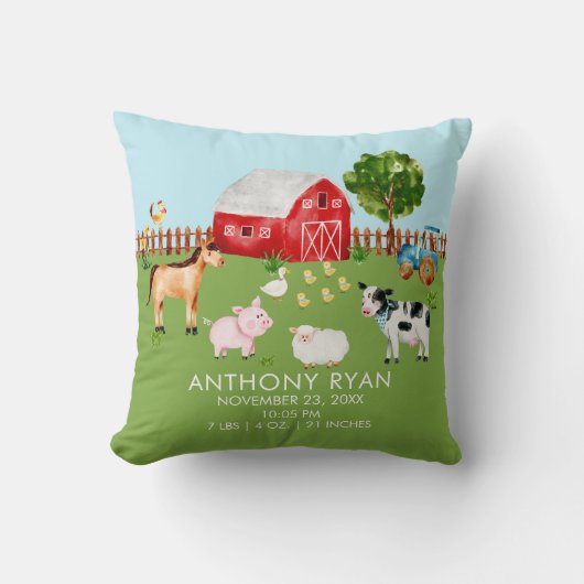 Barnyard Farm Animaux Baby Birth Stats Coussin (Recto)