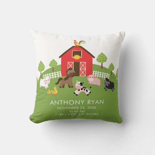 Barnyard Farm Animaux Baby Birth Stats Coussin (Recto)