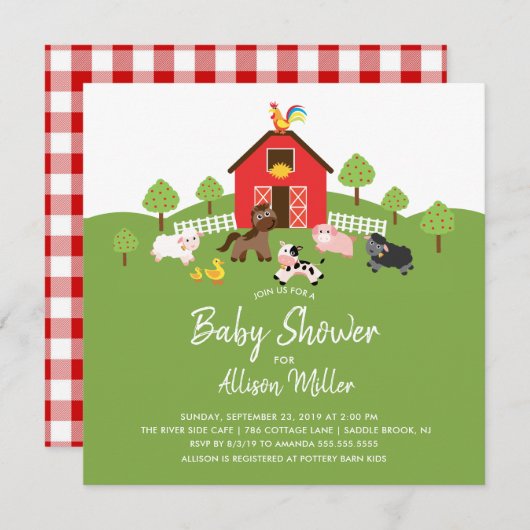 Barnyard Farm Animaux Baby shower Invitation (Devant / Derrière)