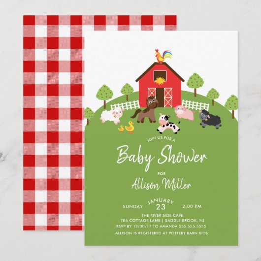 Barnyard Farm Animaux Baby shower Invitation (Devant / Derrière)
