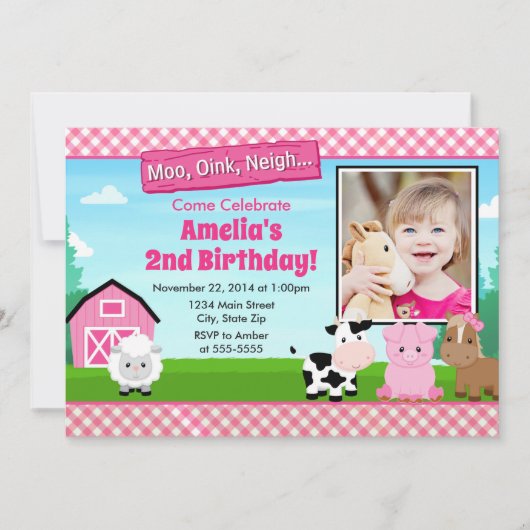 Barnyard Farm Anniversaire Invitation fille rose (Devant)
