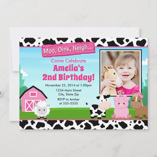 Barnyard Farm Anniversaire Invitation fille rose (Devant)