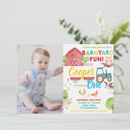 Barnyard Fun 1e Verjaardagsfeestje Boerderijdieren Kaart (Staand voorkant)