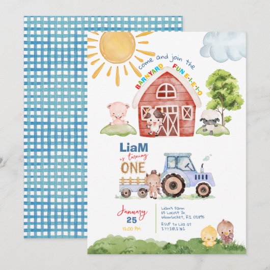 Barnyard Fun 1er anniversaire Invitation (Devant / Derrière)