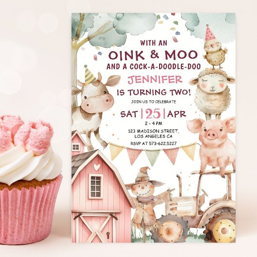 Barnyard Girl Pink Farm 2e Invitation anniversaire